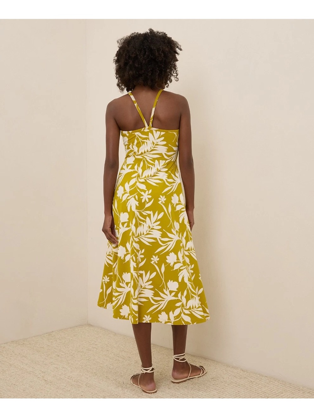 Women's Tropical Palms Chartreuse Fit & Flare Midi Dress Medium - Picture 2 of 8